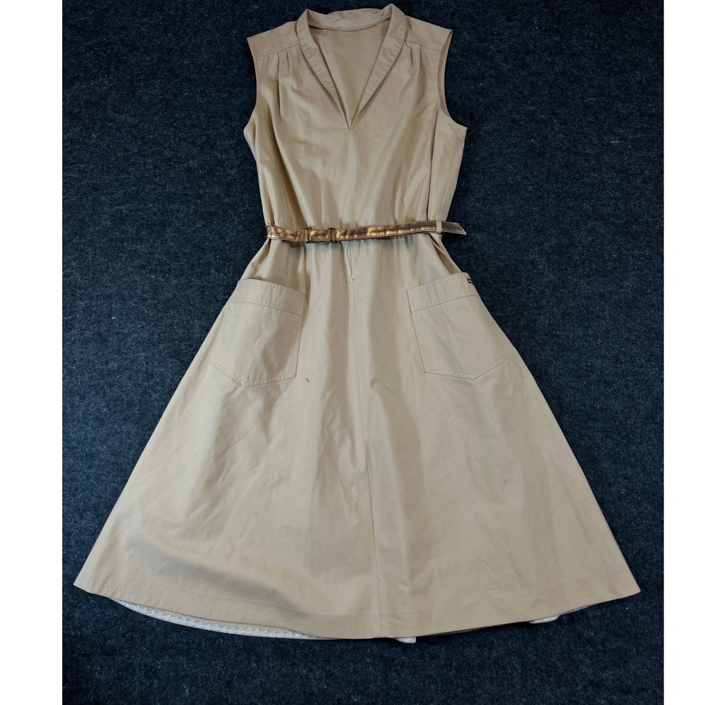 VINTAGE 80s Sasson Midi Dress Womens XS Tan Khaki Belted Sleeveless Vneck Preppy